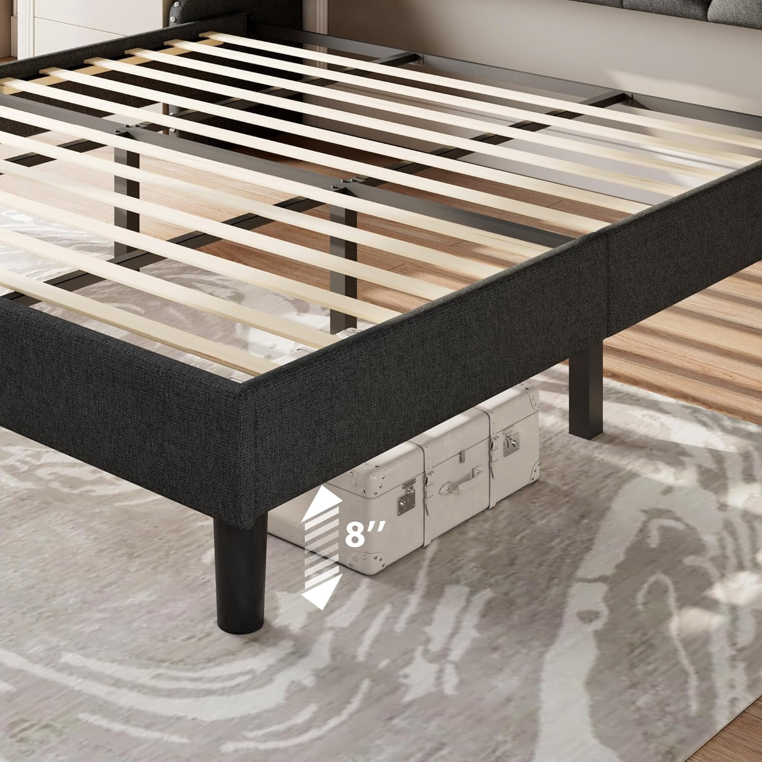Feonase King Size Bed Frame with Luxury Wingback and Fast Charging Station,King Platform Bed Upholstered Button Tufted Storage Headboard,Sturdy Wooden Slats Support,Easy Assembly,Noise-Free,Dark Gray
