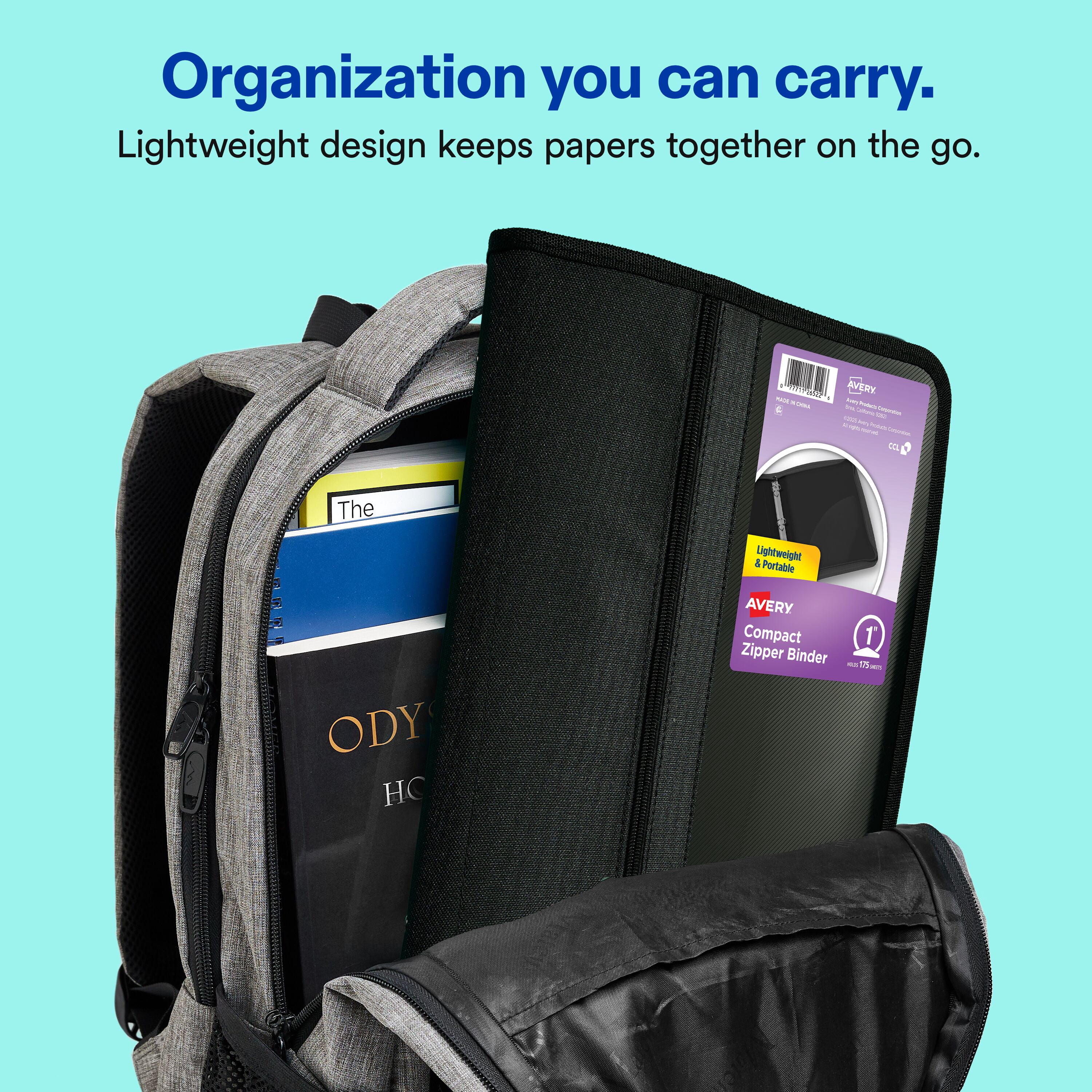 Avery Zipper Binder, 1", Black, Round Ring, Front Pocket, Lightweight, 175 Sheet Capacity, 1 Binder