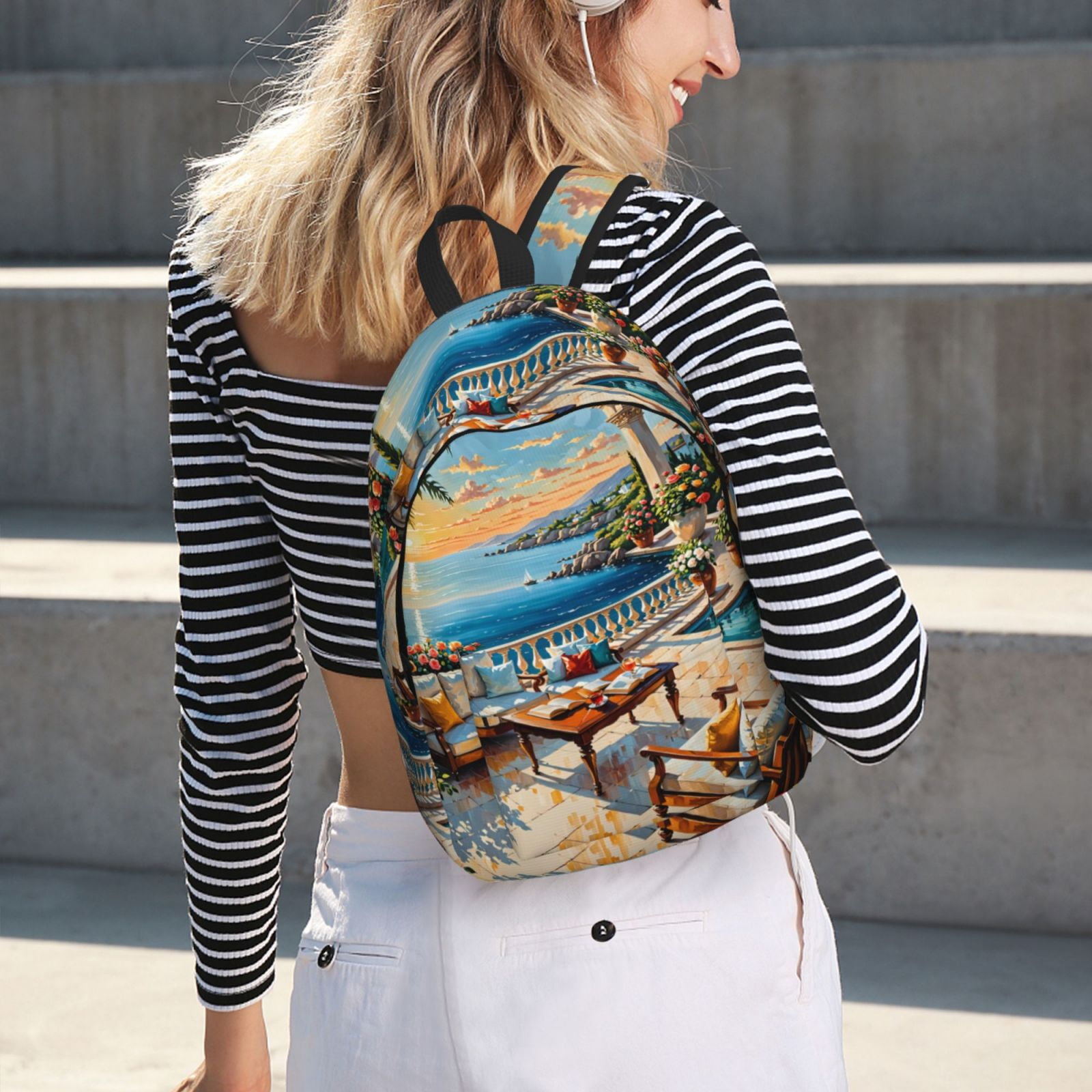 Qokaie Coastal Style Garden Villa Printed Classical Basic Travel Backpack For School Water Resistant Bookbag Canvas Backpack Adjustable Straps Backpack laptop BackpackMedium Walmart