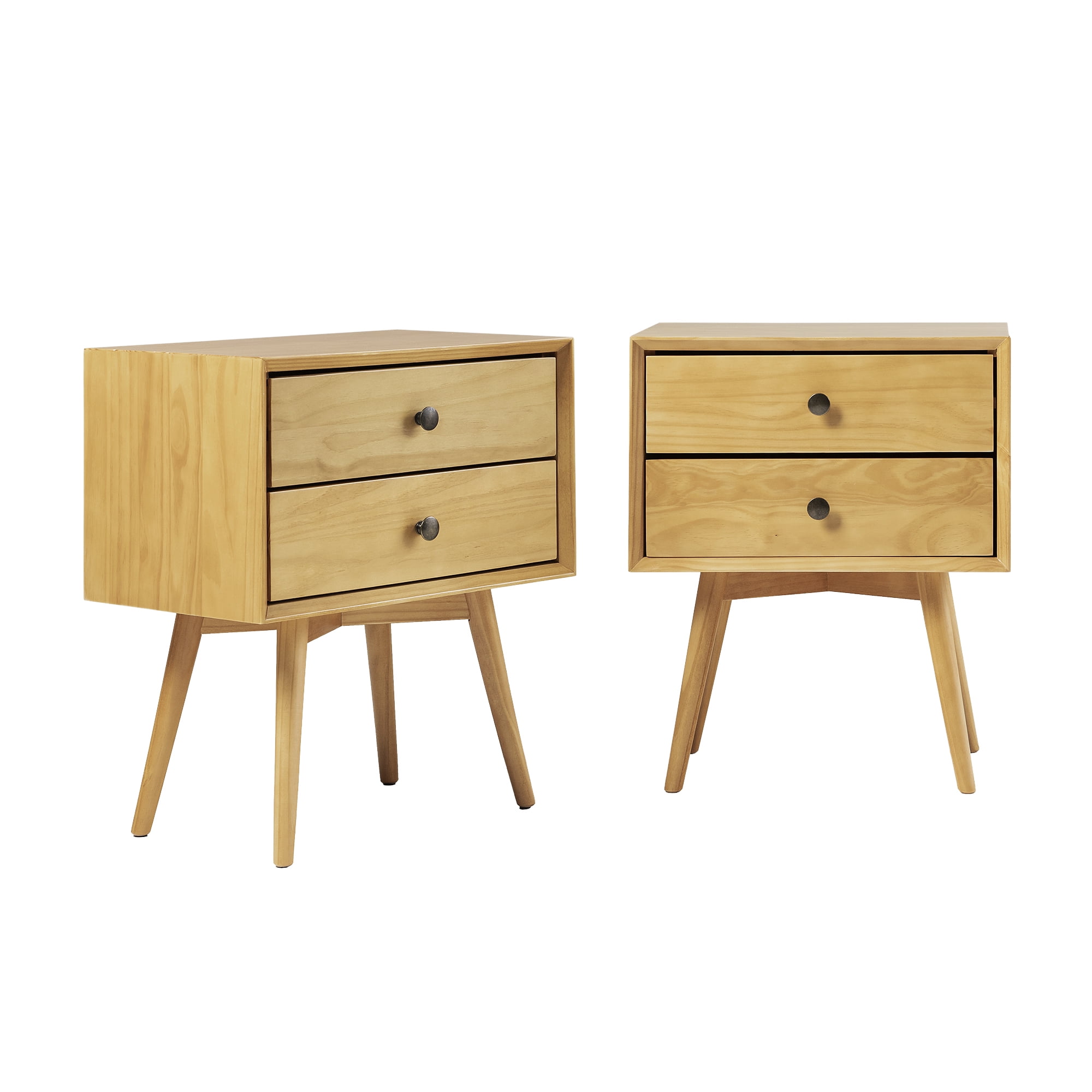 Walker Edison Mid Century Modern 2 Drawer Nightstand, Set of 2, Light Oak