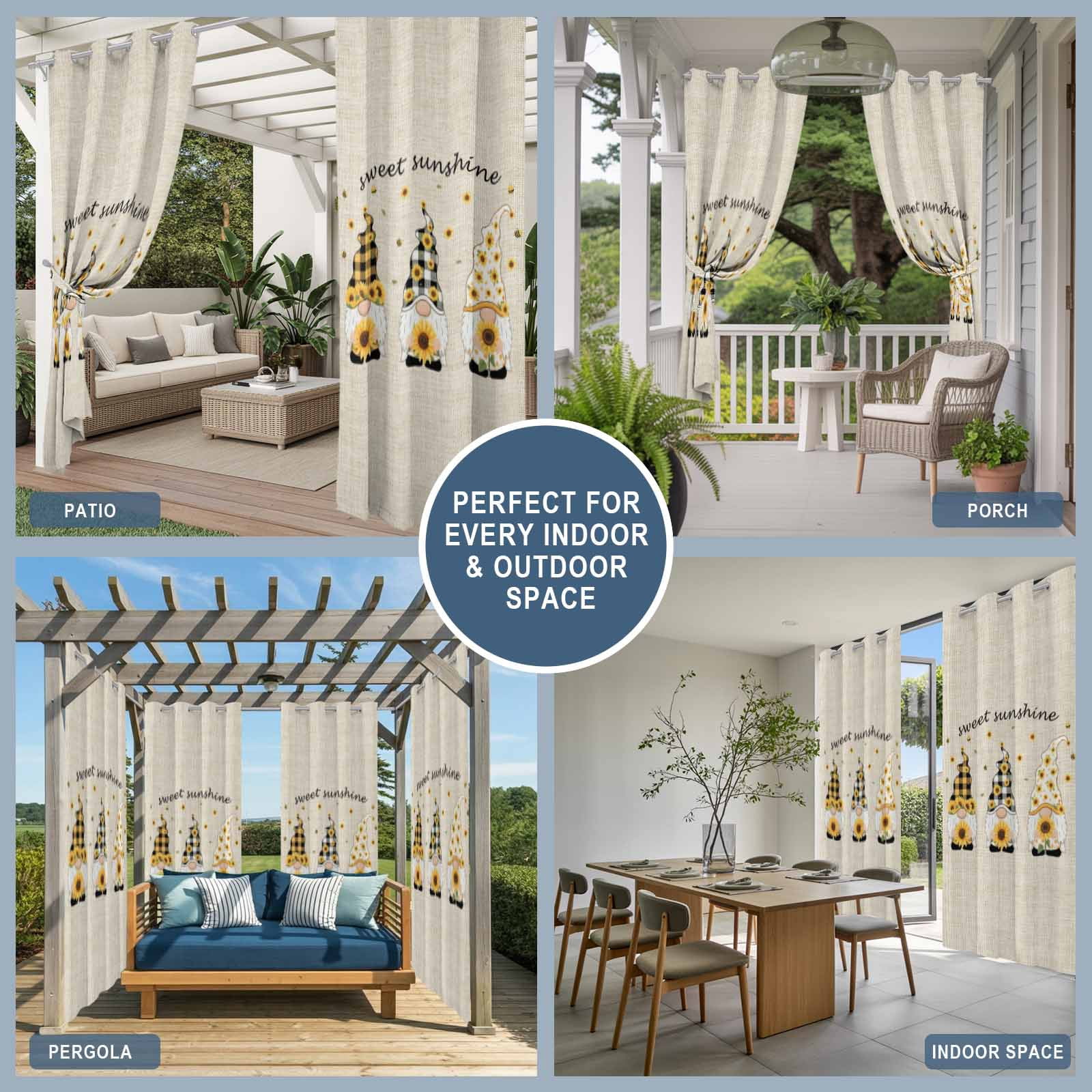 2 Panels Outdoor Curtains for Patio Waterproof 54"x95" Vintage Gnomes Weatherproof Privacy Outsides Curtains, Sunflowers Summer Botanical Retro Art Rustic Grommet Thermal Drapes for Cabana Porch