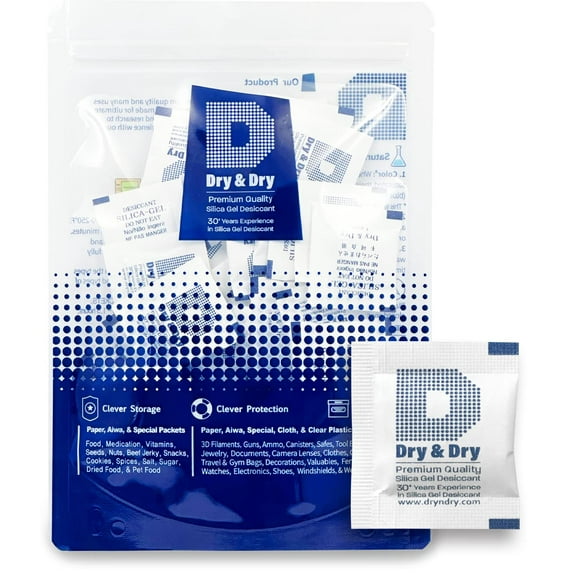 1 Gram [50 Packs] "Dry & Dry" Premium Silica Gel Packets Desiccant Dehumidifiers - Rechargeable Paper (FDA Compliant)