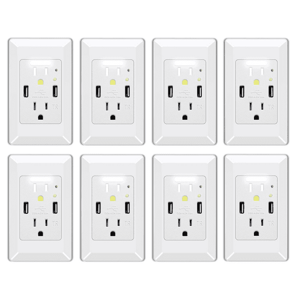 Night Light Outlet,NineLeaf 4.2A High Speed Duplex Receptacle with 2 USB Electrical ,Auto Nightlight Sensor and Wall Plates for Home Office Dorm Room,White,8 Pack