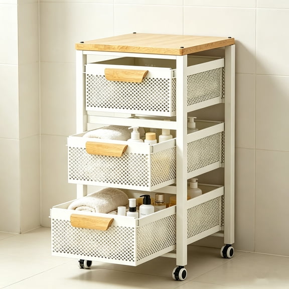 Tyab White 3 4 Tier Kitchen Storage Cart with Wood Top and Rolling Drawers