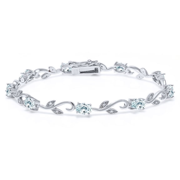 Gem Stone King 925 Sterling Silver 4.63 Ct Oval Sky Blue Aquamarine Greek Vine 7 inch Diamond Tennis Bracelet for Women