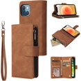 thumbnail image 1 of Funda tipo billetera marrón compatible con iPhone 13 (6,1 pulgadas), billetera de cuero PU premium con cremallera y solapa tipo folio, bloqueo RFID con correa para la muñeca, cierre magnético., 1 of 4