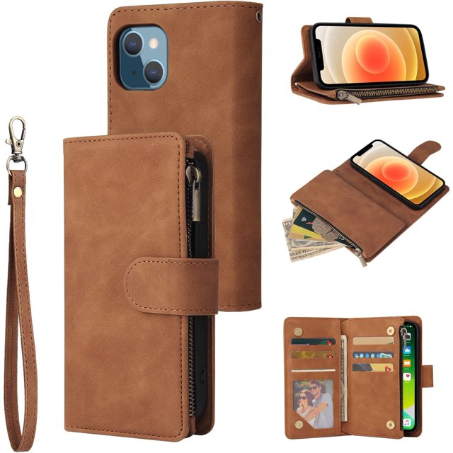 Funda tipo billetera marrón compatible con iPhone 13 (6,1 pulgadas), billetera de cuero PU premium con cremallera y solapa tipo folio, bloqueo RFID con correa para la muñeca, cierre magnético.