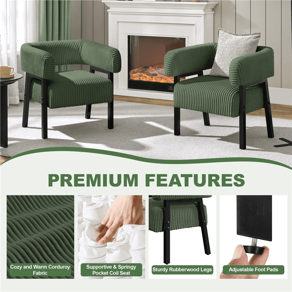 Renwick Corduroy Accent Chair with Solid Wood Legs for Living Room, Dark Green
