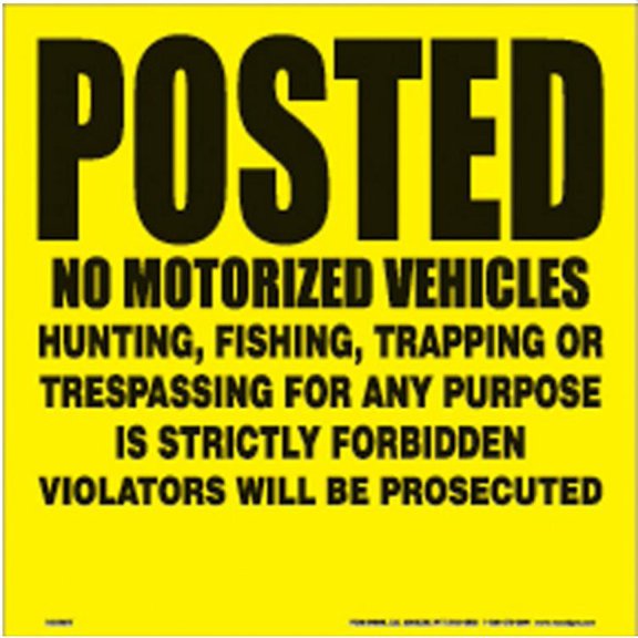 Voss 143 NMV YP 11-1/4.x11.1/4in. Plastic Trail Sign - Posted No Vehicles (Yellow)