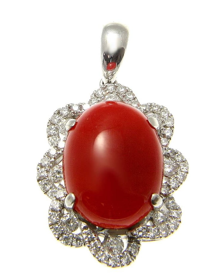 Genuine natural red coral diamond pendant set in solid 14k white gold 16mm by