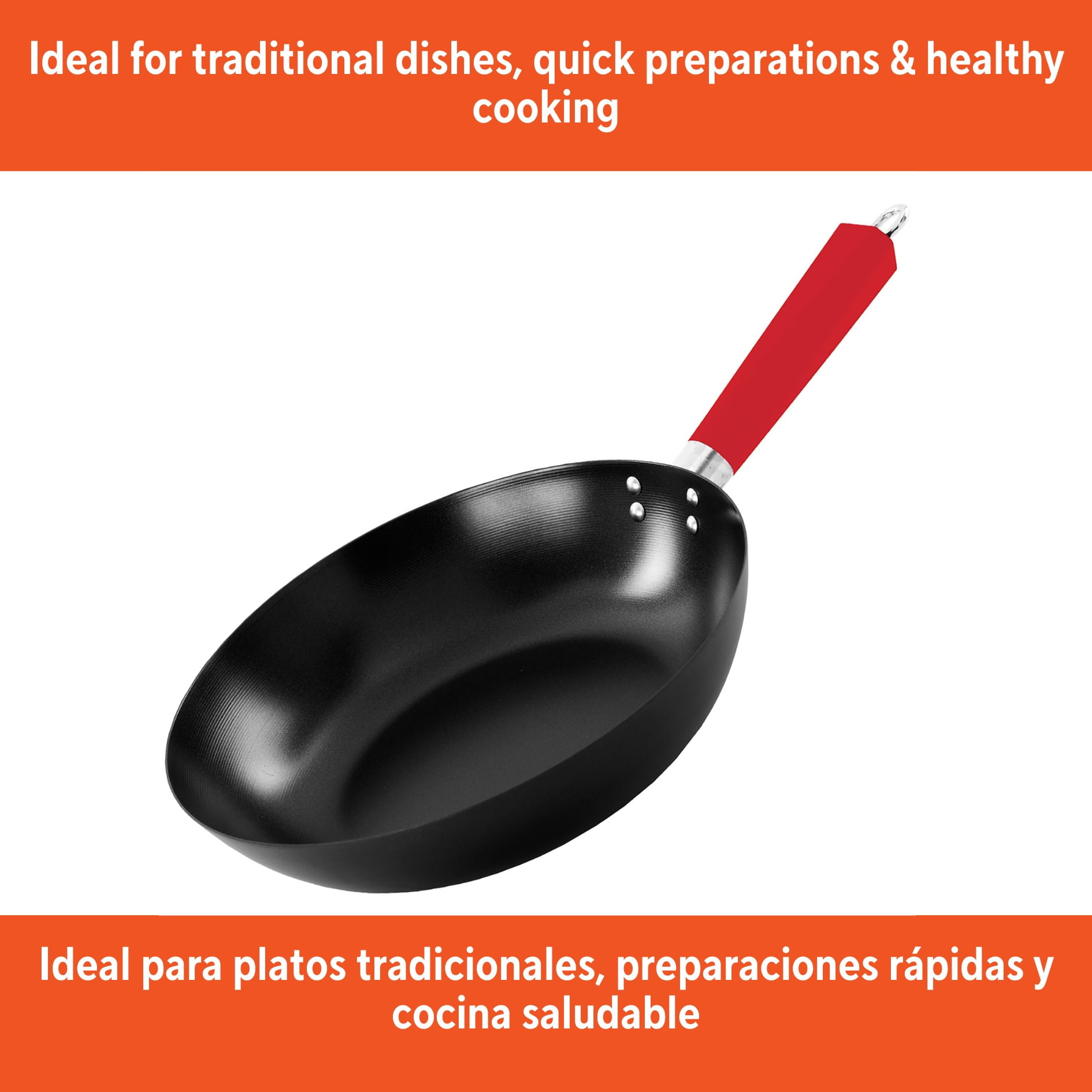 IMUSA 12in Carbon Steel Nonstick Wok with Red Soft Touch Handle, Black