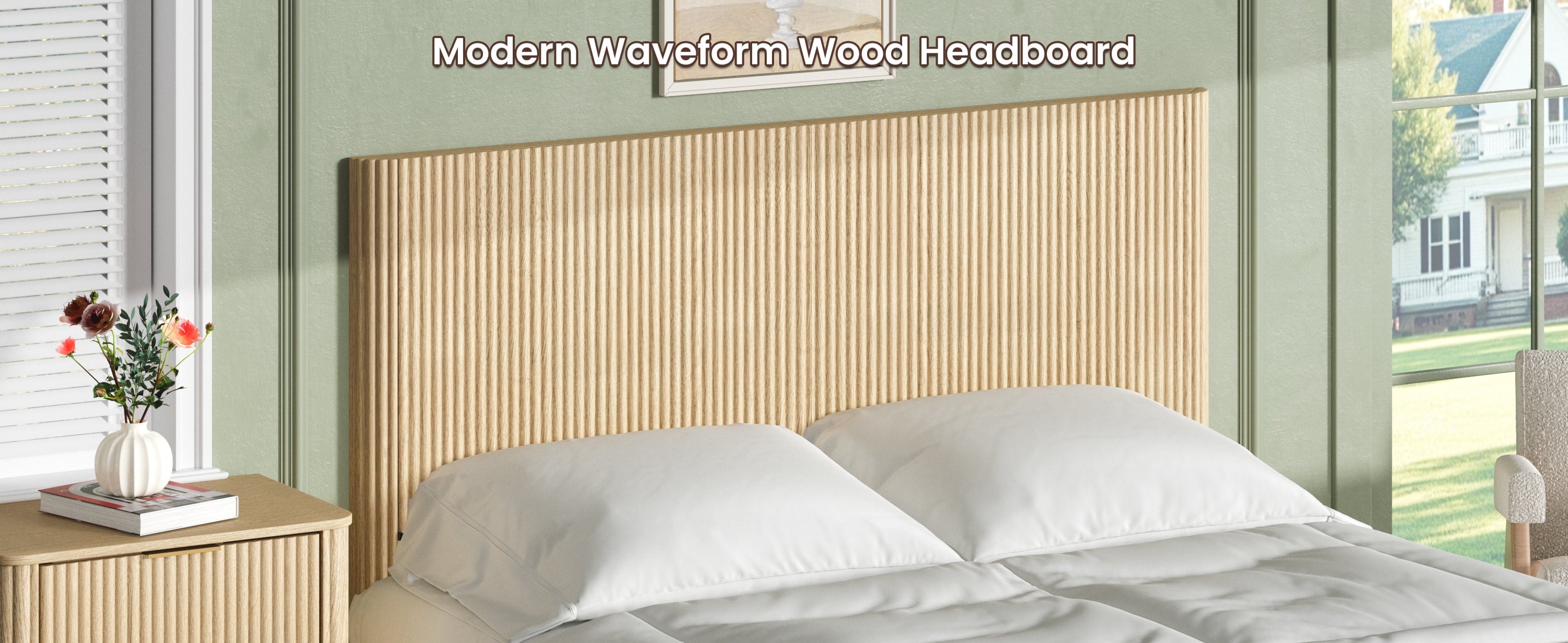 Modern Wooden Headboard with Arched Corrugated Design for Queen Bed, Vertical Grain Wall-Mount Headboard, Farmhouse Style, Easy Install, Oak