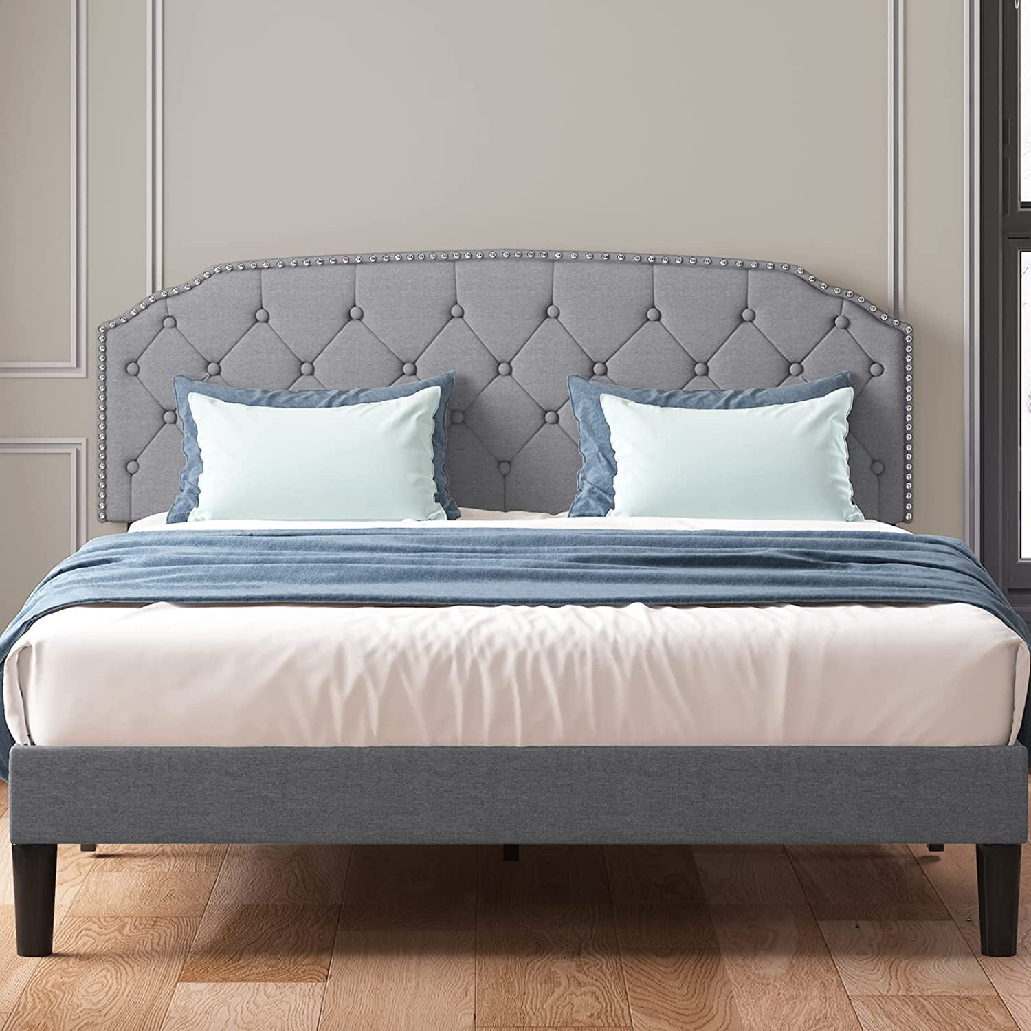 Mjkone Full Size Platform Bed Frame with Diamond Button Tufted