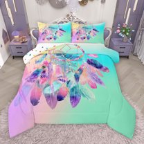 Manfei Tribal Dreamcatcher Bedding Comforter Set, Green Pink Watercolor Twin Comforter Sets, Dreamy Cartoon Bohemian Reversible Bedding Set, Microfiber Bedroom Decor, 2 Pieces