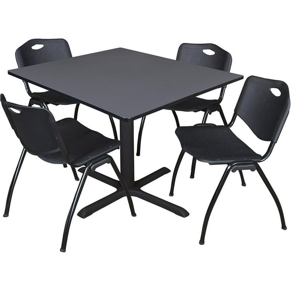 HomeStock Boldly Bohemian 48" Square Breakroom Table- Grey & 4 'M' Stack Chairs- Black, Ideal for Cafeterias, Dining, and Office Spaces