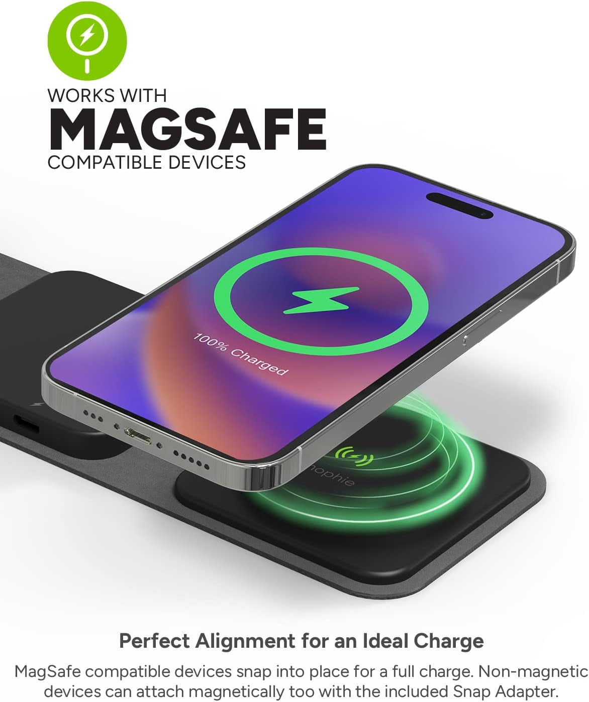 mophie Wireless 3 in 1 Travel Magnetic Wireless Charging Station Multiple Devices Compatible with Apple iPhones Google Samsung devices AirPods BYO watch charger. (watch charger not included)