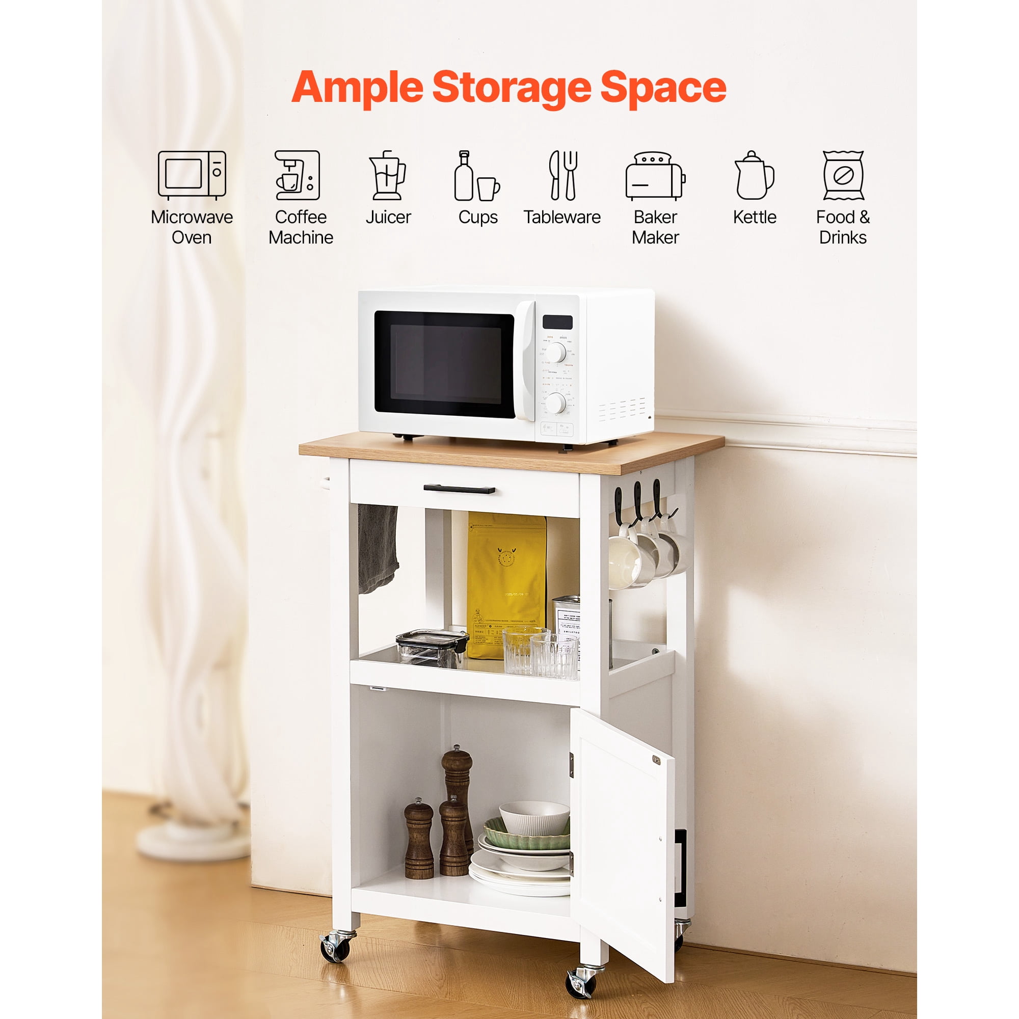 KFFKFF Kitchen Island Cart with Cabinet and Drawer, Mobile Cart with Towel Rack, Hooks, and Swivel Wheels, Compact Coffee Station or Microwave Stand for Dining Room, 18x23 in, White