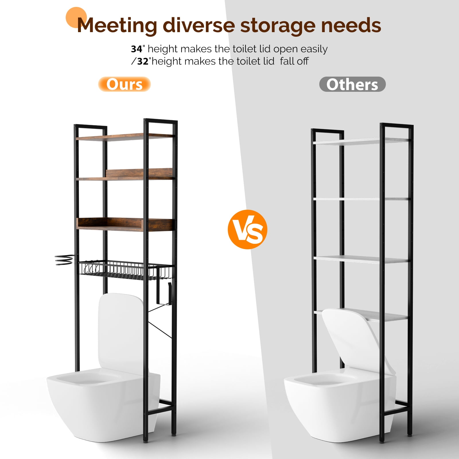 Ktaxon 3-Shelf Over The Toilet Bathroom Storage Rack and Shelf with with Wire Baskets, Tissue Hook and Hairdryer Holder, Rotten - wood