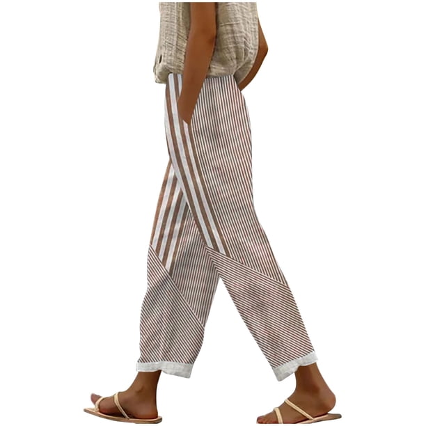 Amzcrzy Pantalones De Lino Mujer Capri Rayas Moda Pierna Recta Ligeros Holgados Casuales Playa Vacaciones Verano Con Bolsillos Tallas S-2XL Marrón