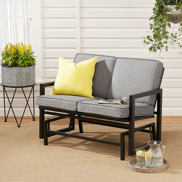 Mainstays Moss Falls Patio Glider Loveseat with Gray Cushions Walmart