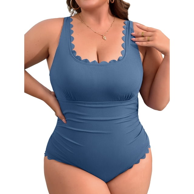 Charmo Plus Size Swimsuit for Women Tummy Control Scalloped Ribbed One Piece Swimsuits Ruched Modest Bathing Suit