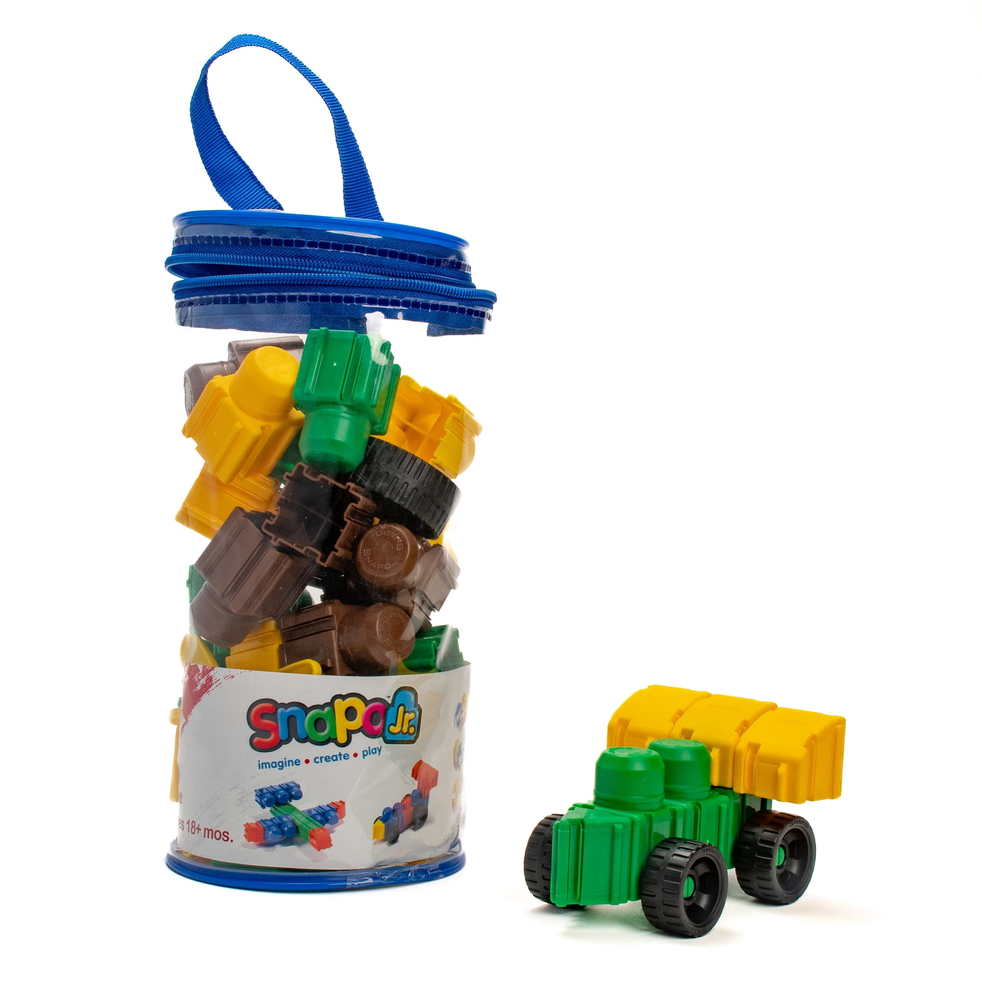 Snapo Jr. Dinosaur Creator Kit - 40 pcs - Green-Yellow-Brown Blocks & Wheels, Connect On All 6 Sides, 3D Building Toy, Snap-Slide-Rotate, Kids 18mo+