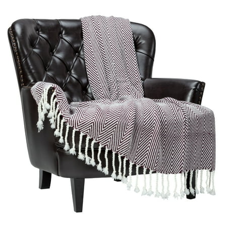 Chanasya Chevron Super Soft Acrylic Throw Blanket With Tassels - Warm Cozy Lightweight Fluffy Woven Blanket for Bed Sofa Chair Couch Living Bed Room Deep Red and White Blanket (50x65 Inches) Wine