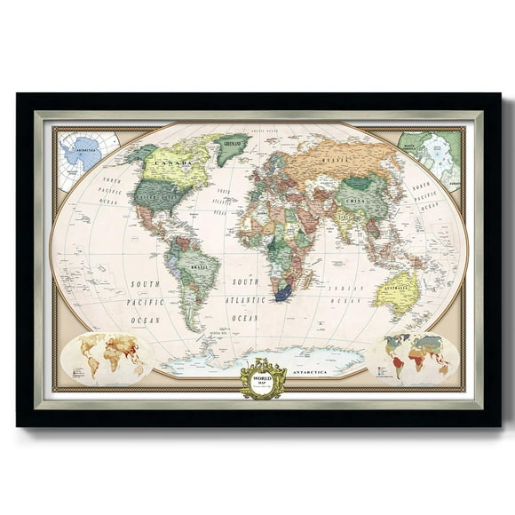 Renditions Gallery Colorful World Map Canvas Wall Art with Modern Black and Silver Frame Wall Hanging Travel Map with Push Pins for Home, Office, Classroom