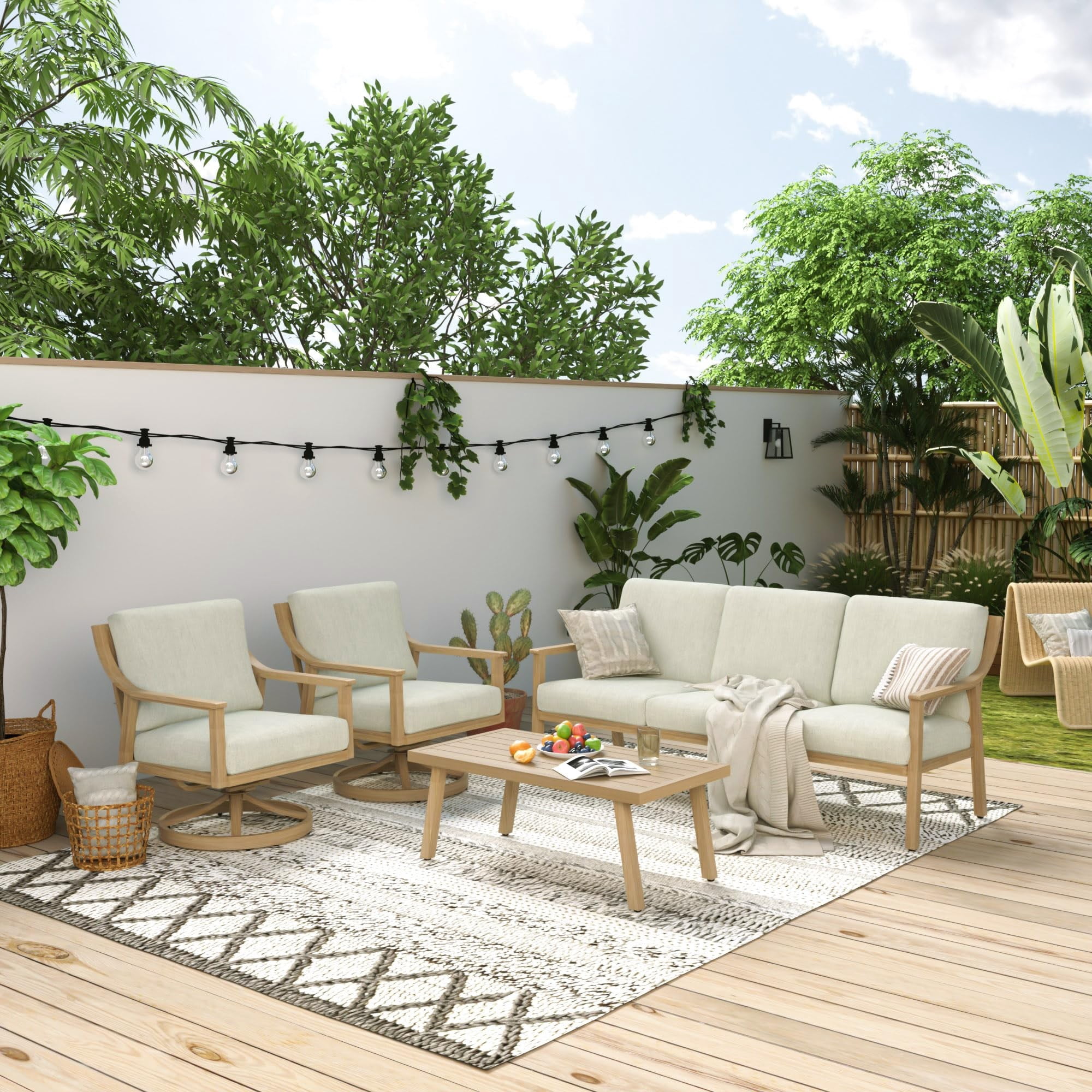 Patio Sofa 3 Seater Outdoor Aluminum Couch with Rope Backrest Thick Cushion All Weather Patio Furniture for Deck Backyard Porch, Beige