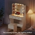 thumbnail image 6 of Vanity Desk with Mirror and Lights | 31.5" Modern Glass Top Makeup Vanity Set with 2 Drawers & Hidden Storage Stool | Small Space Dressing Table for Bedroom(White), 6 of 7
