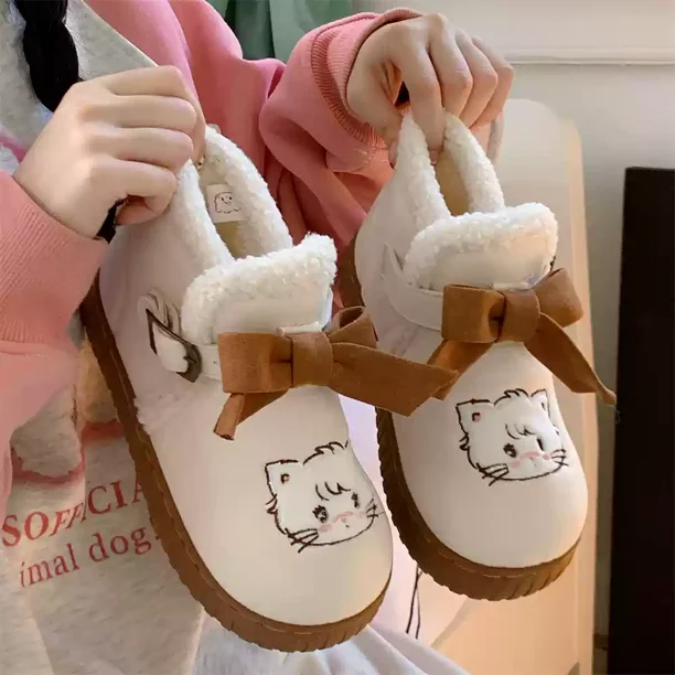 Mikko-zapatos acolchados de algodón con dibujos animados para mujer, botas de nieve con corazones Kawaii, cálidas, a la moda, para exteriores, regalo de Navidad, Invierno