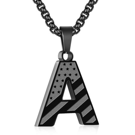 APSVO Black Initial Necklaces for Men Boys Stainless Steel American Flag Letter A Pendent Chain Birthday Valentines Day Jewelry Gifts Teen Him Boyfriend Husband Male Son Dad Adults Kids Age Ideas