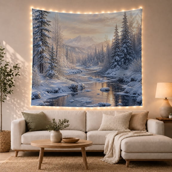 Snowy Winter Forest River Landscape with Majestic Mountains, Peaceful Rustic for Nature Lovers, Scenic Wall Art Decor, Christmas Gift Tapestry Wall Hanging for Bedroom and Living Room