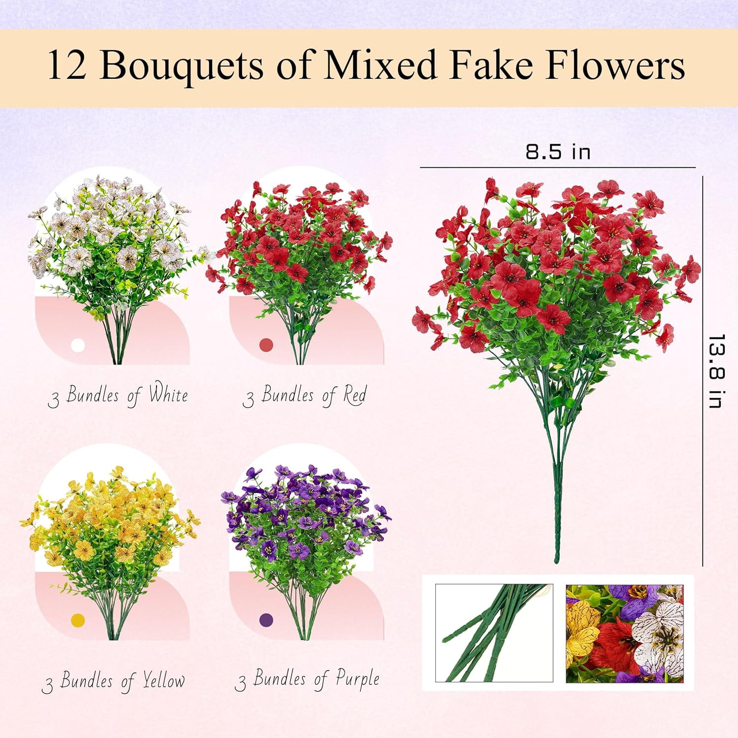 12 Bundles Artificial Daisy Fake Flowers for Outdoors, UV Resistant Colorful Silk Faux Flowers for Spring Home Porch Garden Decor