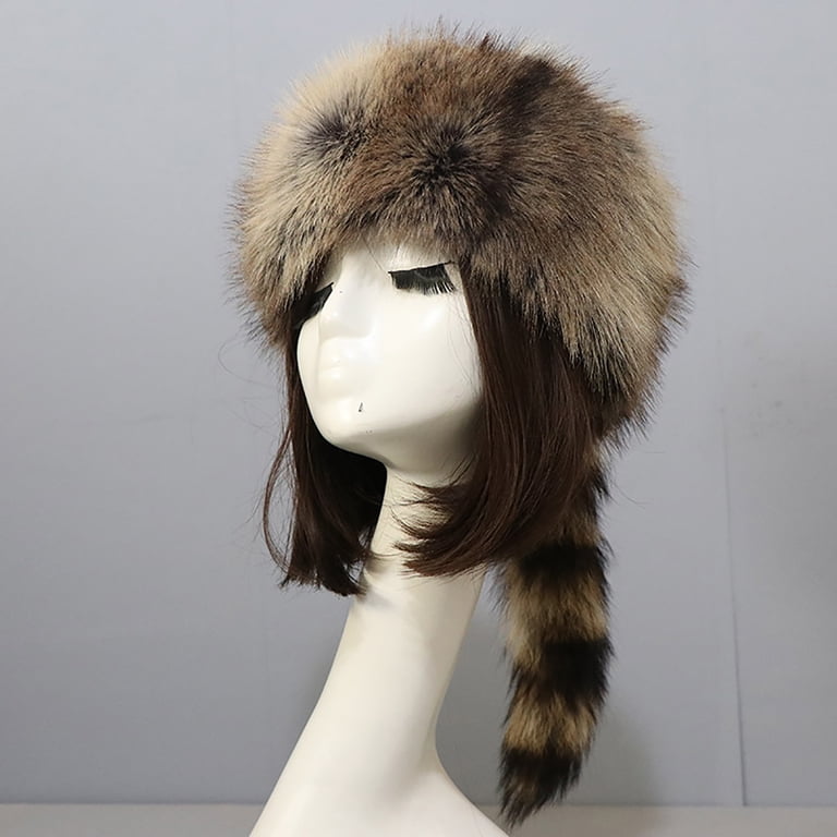 Faux Fur Raccoon Tail Animal Hat Winter Earflap Trapper Beanie for Women Women main image 4