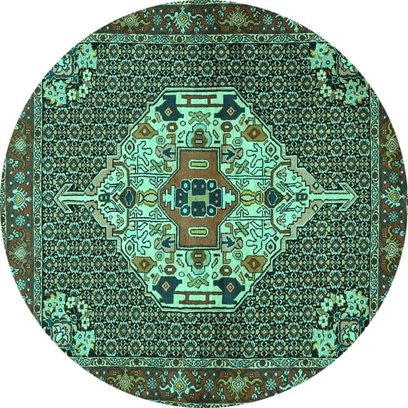 Ahgly Company Machine Washable Indoor Round Persian Turquoise Blue Traditional Area Rugs, 5' Round