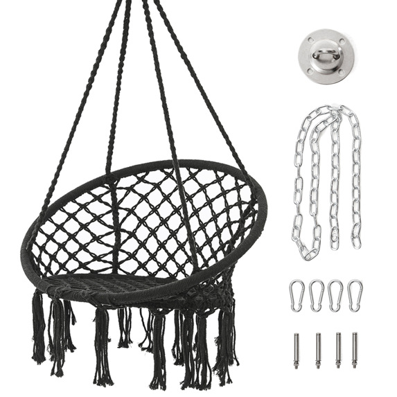 Garpans Hammock Chair Macrame Swing Hanging Chair with Handwoven Tassel Max 330Lbs for Indoor Outdoor Terrace Balcony Garden Black