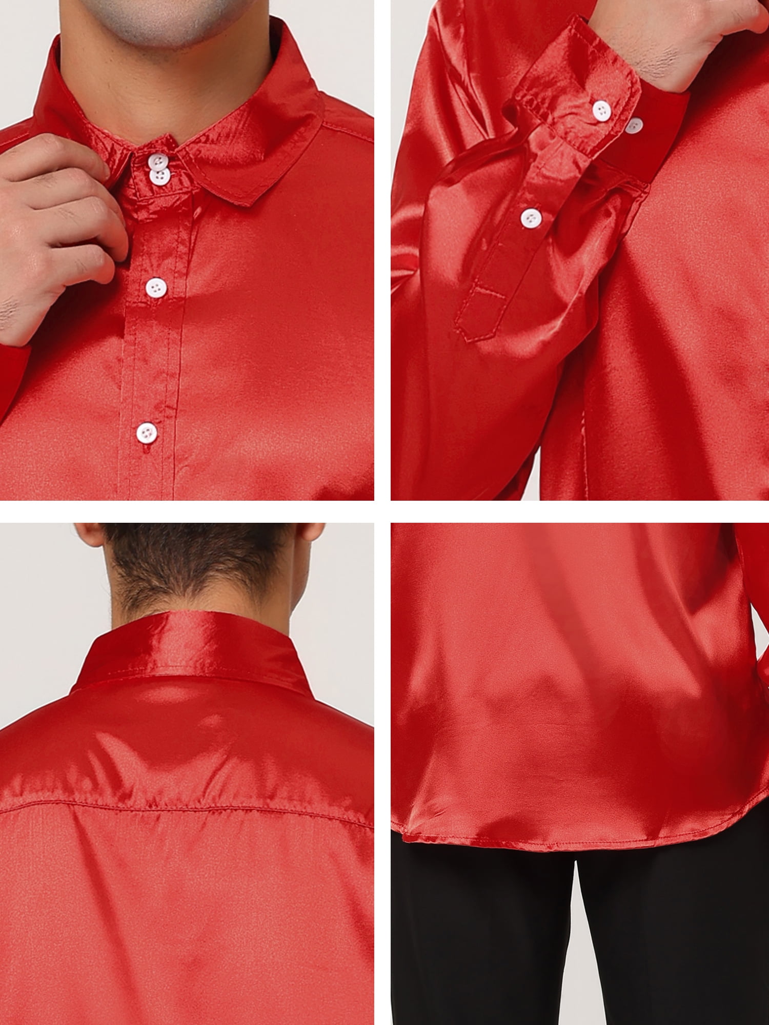 Unique Bargains Men's Satin V Neck Long Sleeves Button Down Prom Shirts S Bright Red