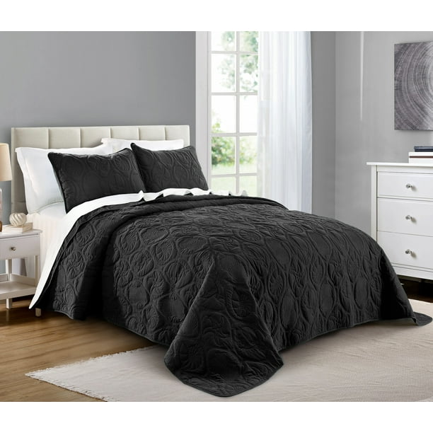 Quilt Set Full/Queen Size Black Oversized Bedspread Soft Microfiber