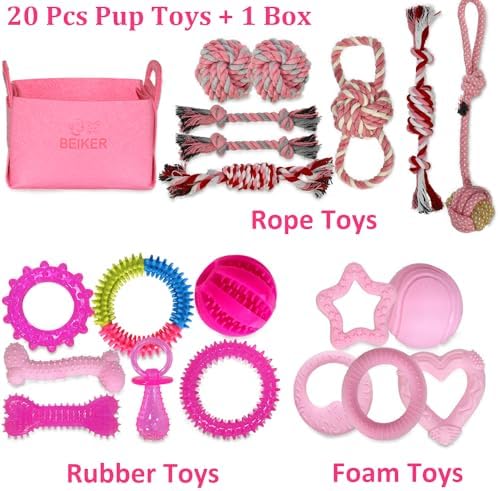 20 Pack Pink Puppy Chew Toys - Dog Teething Toys for Puppies, Puppy Toys Toothbrush with Ropes, Soft Dogs Toy Bundle for Small Dogs, Cute Interactive Dog Balls for Chewers