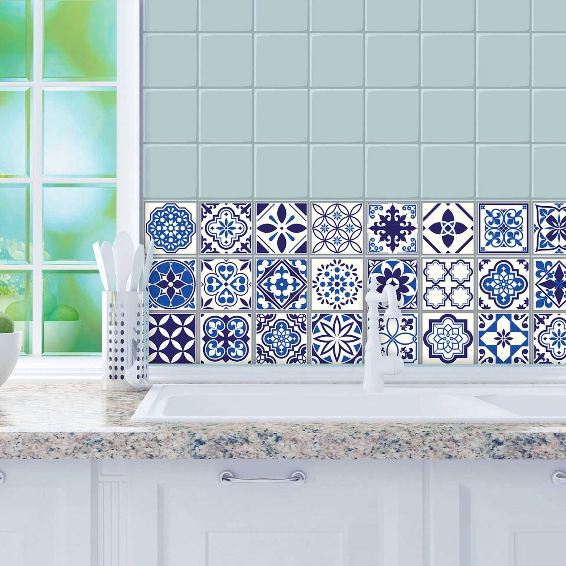 24Pcs 4"X4" Spanish Moroccan Blue Peel And Stick Tiles Sticker Backsplash Decals