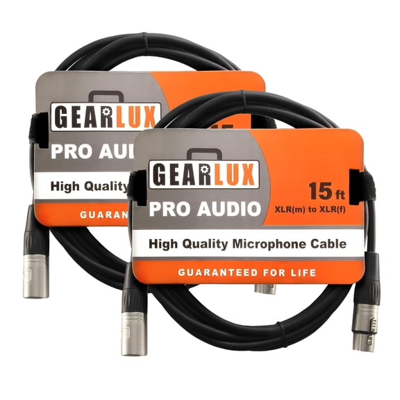 Gearlux XLR Microphone Cable, Fully Balanced, Male to Female, 15 Feet - 2 Pack