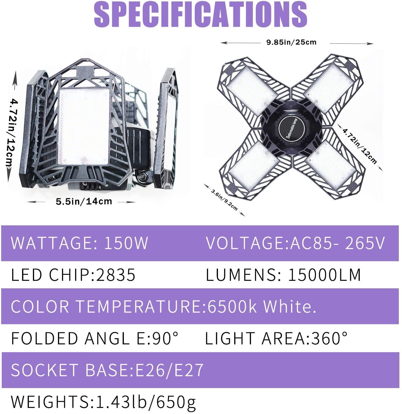 LNGOOR 150w LED Garage Lights, Upgrade 15000LM Super Bright Deformable New Four Leaf Ceiling Illumination, 6500K Nature Light Trilights Lighting, Commercial Lights for Barn, Shop, Warehouse(White)
