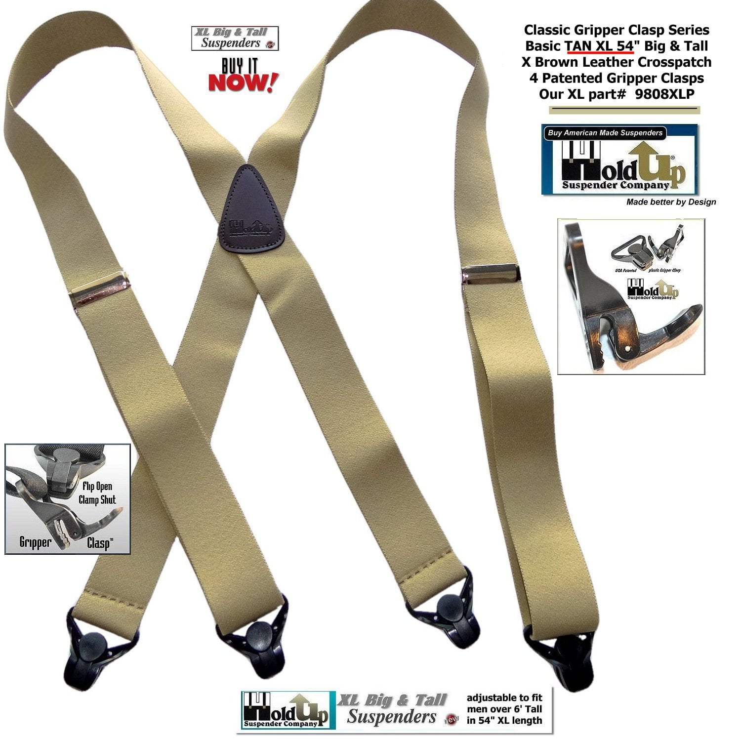 Holdup USA Made Classic tan XL suspender 1 1/2 wide 54 long with patented silver clips 9908XLS
