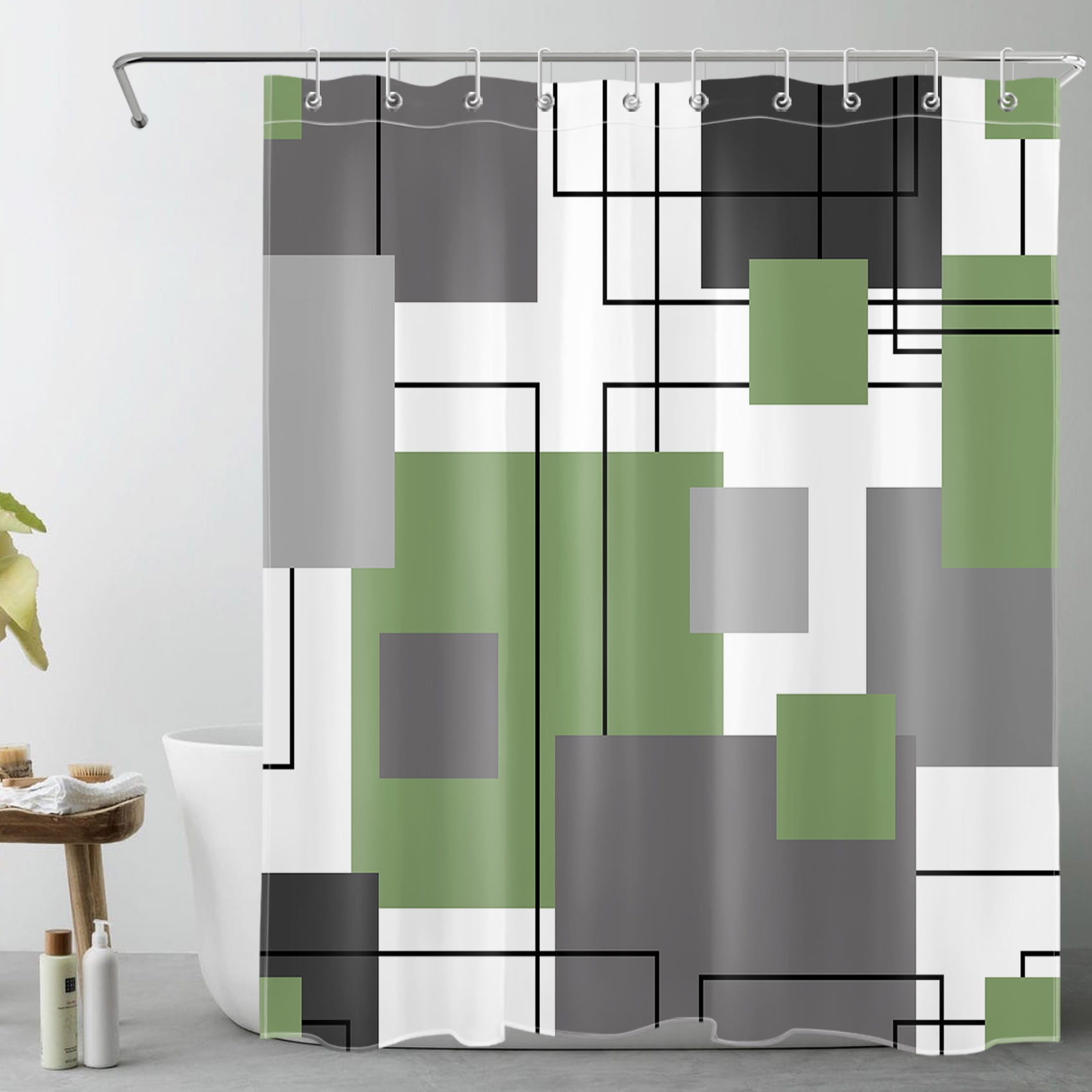 Grey and White Striped Geometric Shower Curtain Decor, Abstract Mid Century Modern Sage Green