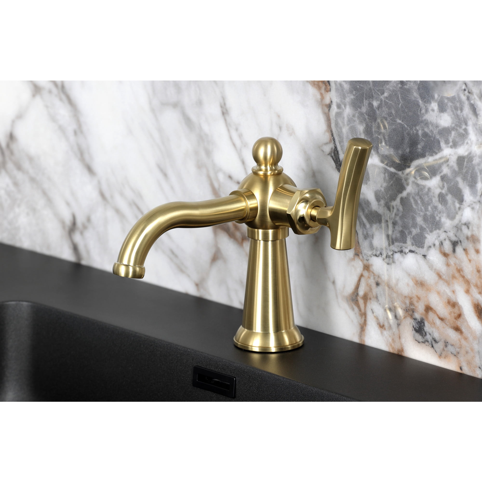 Kingston Brass KS3547TKL Hallerbos One-Handle 1-Hole Bathroom Faucet with Push Pop-Up Drain in Brushed Brass