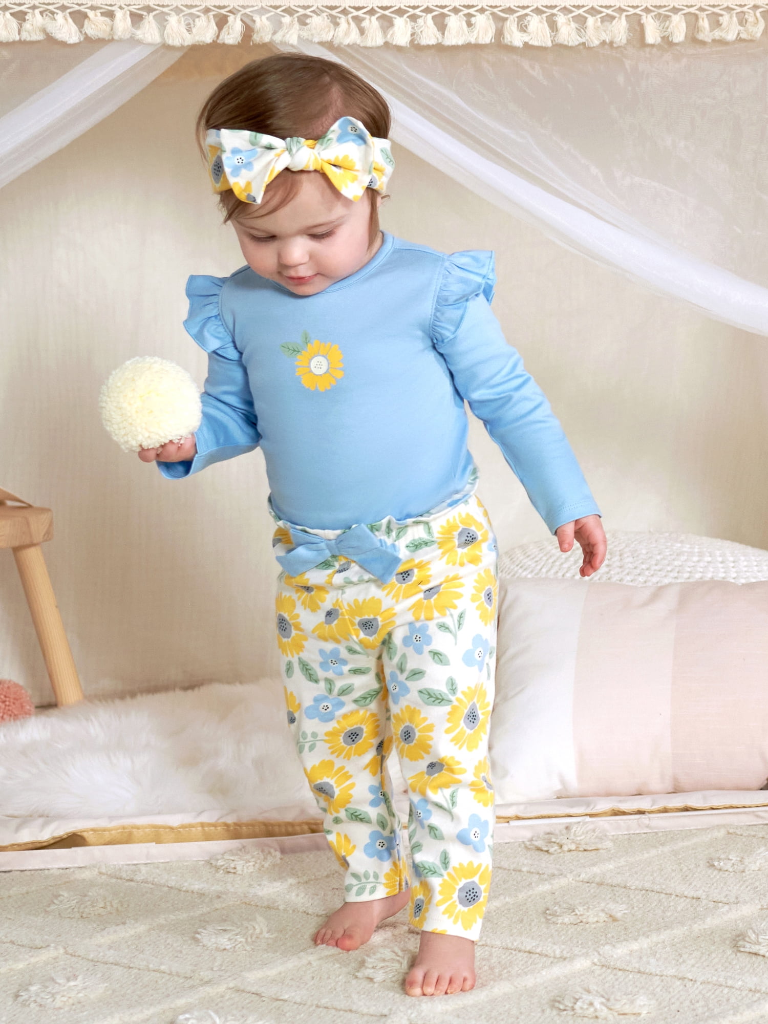 Gerber Baby Girl Long Sleeve Onesies Bodysuit, Pant & Headband Outfit Set, 3-Piece, (Newborn - 18 Months)