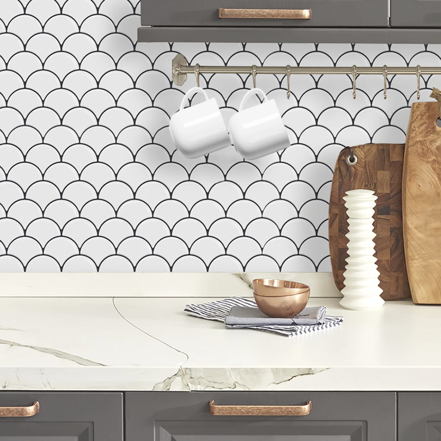 Dcor WOW 41001  Peel & Stick Backsplash, (8) 12x12-inch Sheet Covers 8 Sq Ft, White Scallop Back Splash Tile Grey Grout