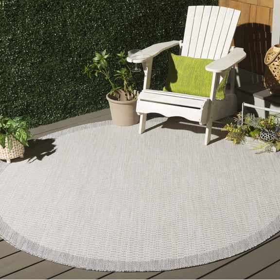 SAFAVIEH Beach House Maryam Bordered Indoor/Outdoor Area Rug, Ivory/Light Gray, 6'7" x 6'7" Round