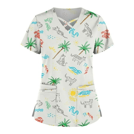 

KSCYKKKD Womens Shirts Plus Size Cute Printed Scrub Working Uniform Tops For Women Cross V-Neck Short Sleeve Fun T-Shirts Workwear Tee with Double Pockets Green M